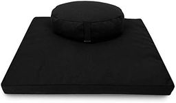 Bean's ZAFU + ZABUTON Meditation Set - Oval Buckwheat Filled ZAFU Pillow + Large Cotton Filled ZABUTON Floor Pad - Black Hemp - Traditional Tibetan Zen Mindfulness Seat Kit - Made in USA