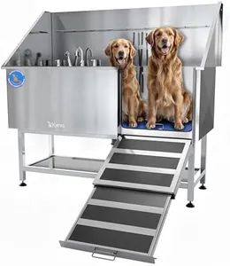KANIS Professional Stainless Steel Dog Bathing Station - Grooming Tub w/Ramp, Storage Shelf, Floor Grate & Faucet/Dog Bathtub for Large, Medium & Small Pets (61", Right RAMP - Shelf)
