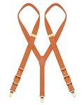 MENDENG Adjustable Suspenders for Men Bronze Metal Clips Braces with Leather, Brown/Brown Leather Clips, One Size