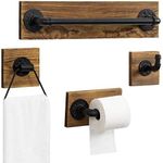 MyGift 4-Piece Bathroom Hardware Set with Burnt Wood and Industrial Matte Black Metal Pipe Includes Toilet Paper Holder, Towel Ring, Towel Bar and and Robe Hook