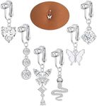 Wrlcorly 6Pcs Fake Belly Ring Dangle Clip on Belly Button Rings Butterfly Heart Round CZ Opal Star Snake Devil Faux Navel Ring Non Piercing Jewelry Set for Women Silver Tone, Metal, cubic-zirconia