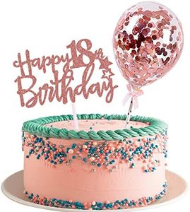IEALODS 18th Happy Birthday Cake Topper, Rose Gold Glitter 18th Birthday Cake Topper with Balloon Cake Topper for Girl Birthday Cake Decorations