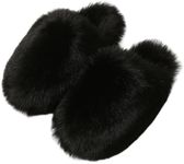 BININBOX Women's Plush faux fur Slipper Slide Sandal Soft Furry Fuzzy Fluffy Lovely Indoor Outdoor Slip On Slippers Multicolor Winter House Shoes, All Black, 8-9