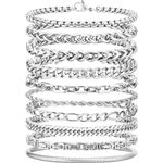 VNOX Silver Chain Bracelet for Men - 10 Pcs Solid Stainless Steel Rope/Figaro/Paperclip/Cuban Link/Snake Curb Chunky Chain Bracelet Set Wrist Band for Men Women Boys,Mens Jewelry Set, 8, Stainless