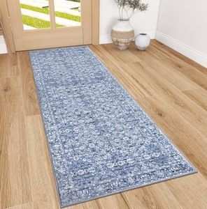 Siiloom 2x6 Blue Washable Runner Rug for Hallways, Soft Classic Kitchen Rugs with Non-Slip, Non-Shedding Distressed Floral Rug for Hallways Entryway Bedroom Bathroom Laundry