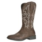 SheSole Fashion Western Country Cowgirl Cowboy Boots for Women Square Toe Mid Calf Faux Leather Embroidered Pull On Tabs Dark Brown US Size 6