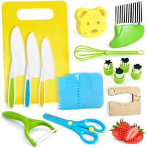 Chanking 17 Pieces Kids Safe Knife Set for Real Cooking Child-Friendly Plastic Chef Tools Montessori Kitchen Toys for Toddlers with Bright Colors Gifts for Boys and Girls