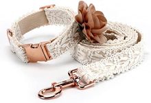 UOSIA Lace Dog Collar and Leash Set Floral Cotton Girl Puppy Collar White Embroidery Adjustable Fancy Dog Collar with Flower and Rose Metal Buckle for Small Medium Large Dogs(M, White)