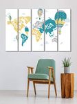 999STORE colourful world map painting for living room home and office wall decor Wall Art Panels Hanging Set of 5 Frames world map painting wall decor (Yellow, 130 X 76 cm)