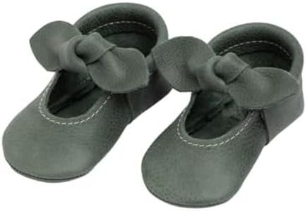 Freshly Picked First Pair Knotted Bow Baby Girl Leather Moccasins - Soft Sole Baby Shoes, Infant Shoes Forest