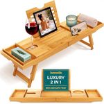 SereneLife Bath Caddy Breakfast Tray Combo - Natural Bamboo Wood Waterproof Bathtub Caddy and Bed Tray with Folding Slide-Out Arms, Device Grooves, Wine Glass and Soap Holder
