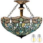 Tiffany Ceiling Fixture Lamp Semi Flush Mount Light W16H15 Inch Sea Blue Stained Glass Crystal Bead Dragonfly Shade S147 WERFACTORS Kid Living Room Bedroom Study Kitchen Island Bar Hallway Dining Room
