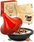KRUSTENZAUBER 27 cm Round Cast Iron Tagine - Red Oriental Cookware with Ceramic Lid - Induction & Oven Safe, Perfect for Moroccan Tajine Recipes