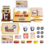 Toy Cash Register for Kids Play Cash Register Toys Play Store with Coffee Machine Hamburger Sandwich Hot Dog Egg Tart Play Money Play Food Pretend Play Set Fast Food Gifts for Girls Boys Kids Ages 3+