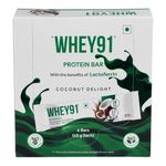 Whey91 Coconut Delight Protein Bar, 20g Protein & 3.3g Fibre per bar, Natural Immunity Enhancing Lactoferrin, No Added Preservatives, No Artificial Flavours, (Pack of 6 Bars) 390g