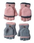 HUNTSMANS ERA 2 Pairs Kids Fingerless Gloves Convertible Flip Top Gloves Winter Warm Knit Half Finger Mitten for Kids Boy Girls 5-10 Years (Pink & Light grey)