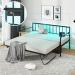 Giantex Twin Daybed with Pop up Trundle, Metal Day Bed with Charging Station & LED Lights, Daybed Frame with Trundle, Metal Slats Support, Trundle Bed Twin for Living Room, Guest Room, Black