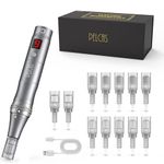 PELCAS 9-Speeds Microneedling Pen LCD Screen Dermapen with 12Pcs Cartridges 0-2.5mm Adjustable Type-C Rechargable Electric Derma Pen for Anti-Aging Skin Care Wrinkle Stretch Marks Hair Loss-Black