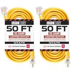 2 Pack of 50 Ft Outdoor Extension Cords - 12/3 SJTW Heavy Duty Yellow 3 Prong Extension Cable, 15 AMP - Great for Garden and Major Appliances