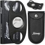 Tesonway Cigar Cutter with Leather Case, Stainless Steel Double Cut Blade Guillotine, Cigar Accessories for Men (Black)