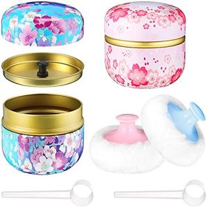 2 Pieces Body Powder Puff and Container, 2 Pieces Powder Puff Soft Powder Puffs and 2 Pieces Spoon Loose Powder Tea Container Case Dusting Powder Boxes for Baby Women Home and Travel Use