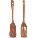 2 Pcs Acacia Wood Spatula Set Non Stick Cooking Utensils Slotted Turner Flat Wooden Kitchen Wok Spatula for Mixing Frying Fish Spatula Egg Flipper Turner Utensil