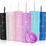 Mumufy 6 Pcs Bling Skinny Tumbler Bulk 16 oz Rhinestone Water Bottles Reusable Diamond Plastic Cups for Women Girl Birthday Graduation Teacher Appreciation Pride Party Gifts(Multi Colors)