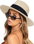 FURTALK Womens Mens Wide Brim Straw Panama Hat Fedora Summer Beach Sun Hat UPF Straw Hat for Women Beige-Black