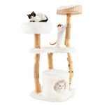 Tangkula Cat Tree for Indoor Cats, Solid Wood Modern Cat Tower with Top Cattail Basket Cat Bed, Side Perch, Large Platform & Cat Condo, Cute Cat Tree with Scratching Posts for Large Cats (49 Inch)