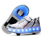 Qneic Roller Shoes for Girls Boys Sneakers LED Light Up Wheels Shoes USB Chargeable Roller Skates for Kids Gifts(Size 4,Silver)