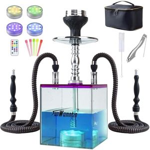 SunWamntin 2 Hose Hookah – Square Hookah Set with Everything, Travel Shisha Kit with LED Lights and Portable Bag（Purple）