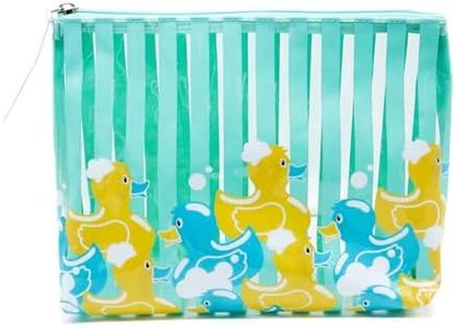 PONETTE - Neceser de Mujer Grande Transparente Impermeable de Rayas Turquesas con Patitos de Goma de Baño y Espuma, Cremallera a Tono, Ideal Playa, Piscina, Viaje, Impermeable, Marca Española