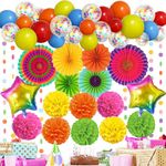 Recosis Fiesta Party Decorations, Multicolored Rainbow Party Paper Pom Pom Fan Balloon Props Backdrop for Colorful Birthday Wedding Cinco De Mayo Taco Mexican Party