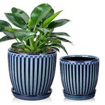 Oairse Set of 2 Ceramic Plant Pots 13CM 15CM Blue Ceramic Planter with Drainage Holes and Saucers Decorative Stripe Plant Pots Indoor Modern Flower Pots for Succulent Cactus Orchid House Plants