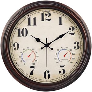 JENLYSTIME 16 Inch Dark Brown Vintage Wall Clock with Thermometer & Hygrometer - Waterproof Decorative Indoor/Outdoor Clock with Large Numerals & Silent Sweep Movement - Ideal for Porch, Garden, Pool