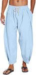 COOFANDY Men's Cotton Linen Harem Pants Drawstring Casual Cropped Trousers Lightweight Loose Beach Yoga Pants with Pockets Blue