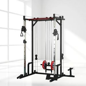 Power Cage, 1400LBS Multi-Functional Power Rack with J-Hooks, power rack with cables, Adjustable Squat Rack, Weight Lifting Bench Press Push-ups Black+Red B One size