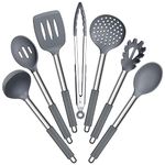 E-far Silicone Cooking Utensils Set, 7 Pcs Heat Resistant Kitchen Utensils with Stainless Steel Handle, Slotted Turner, Spoon, Soup Ladle, Pasta Server, Skimmer, Tongs for Nonstick Cookware, Gray