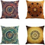 Set of 4 Retro Floral Mandala Compass Medallion Bohemian Boho Style Summer Decor Cushion Case Decorative for Sofa Couch 18 x 18 inch Cotton Line (Floral Compass Medallion)