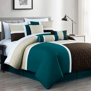 Chezmoi Collection Upland 7-Piece Quilted Patchwork Comforter Set, Teal/Beige/Brown, Oversized King