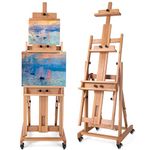 MERRIY Artist Extra- Large Multi-Function Studio Easel, H-Frame Art Easel, Tilts Flat, Solid Beech Wood Painting Easel Stand, Movable Floor Easel with Drawer & Silent Wheels, Holds 2 Canvas Up to 91"