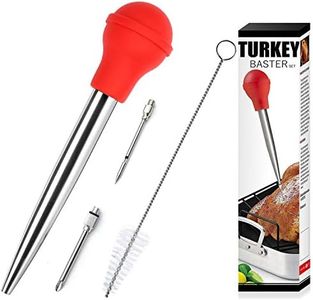 Stainless Steel Turkey Baster with Cleaning Brush - Food Grade Syringe Baster for Cooking & Basting with 2 Marinade Injector Needles - Ideal for Butter Dripping, Roasting Juices for Poultry (Red)