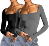 Abardsion 2 Piece Square Neck Tops for Women Slim Fit Double Layer Fall Long Sleeve Crop Top T Shirts(Black/Dark Grey, S)