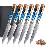 SENKEN Damascus Steak Knife Set - Tsunami Collection - 67-Layer Japanese VG10 Steel - Razor Sharp Serrated Blades, Blue Resin & Natural Wood Pattern Handles, Luxury Gift Box (6 Steak Knife Set)