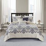 Madison Park Quilt Traditional Damask Design All Season, Lightweight Coverlet Bedspread Bedding Set, Matching Shams, Pillows, Full/Queen(90"x90"), Navy/White 6 Piece