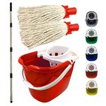 Floor Mop and Bucket Set - 2PC Mops for Cleaning Floors with Bucket, Pure Yarn Mop Heads and Heavy-Duty Mop Bucket, Industrial Mop and Bucket for Domestic and Commercial Use (Red)