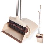 XXXFLOWER Large Broom and Dustpan Set with 54.5" Long Handle for Indoor Outdoor Home Kitchen Office Room Pet Dog Hair Lobby Wood Floor Use Upright Stand Up Broom and Dustpan Combo（Beige）