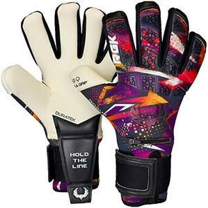 Renegade GK Limited Edition Rogue Slash Goalie Gloves with Pro-Tek Fingersaves | 4mm Giga Grip & Neoprene | Black, Purple, Gold Soccer Goalkeeper Gloves (Size 7, Youth, Negative Cut, Level 4+)