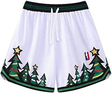 BOOMLEMON Men's Basketball Shorts Gym Training Workout Athletic Shorts Mesh Graphic Print Running Short Pants, Christmas White, Small