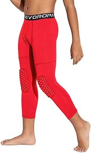 DEVOROPA Youth Boys' Compression Pants with Knee Pads 3/4 Basketball Athletic Tights Quick Dry Sports Workout Leggings Red M